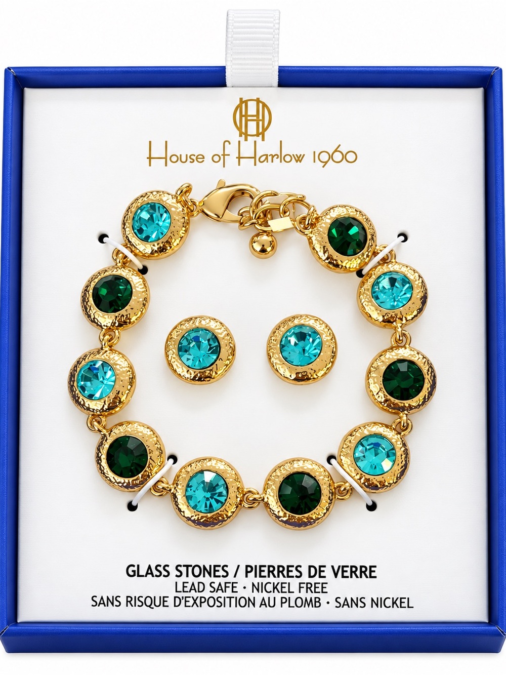 House of Harlow 1960 Gold-Tone Bracelet with Teal and Emerald Glass Stones